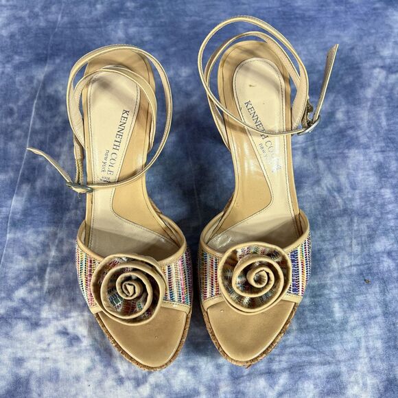 Kenneth Cole Beige Leather Woven Striped Cork Strappy Platform Heels sz 6 1/2 - Picture 1 of 8